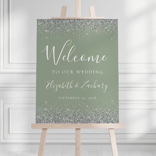 Modern Silver Glitter Sage Green Wedding Welcome Foam Board