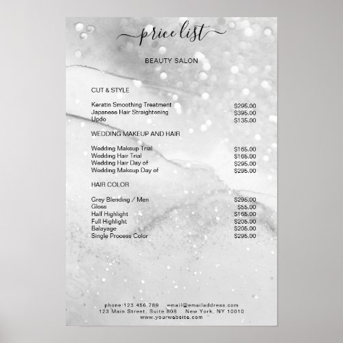 Modern Silver Glitter Salon Price List Poster