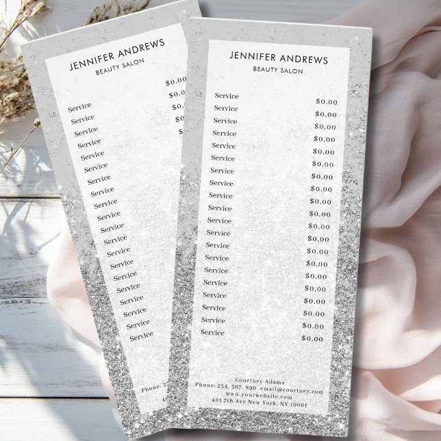 Modern Silver  Glitter Salon Price List  Rack Card (Modern Silver Glitter Salon Price List Rack Card)