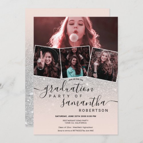 Modern silver glitter script 4 photo graduation invitation