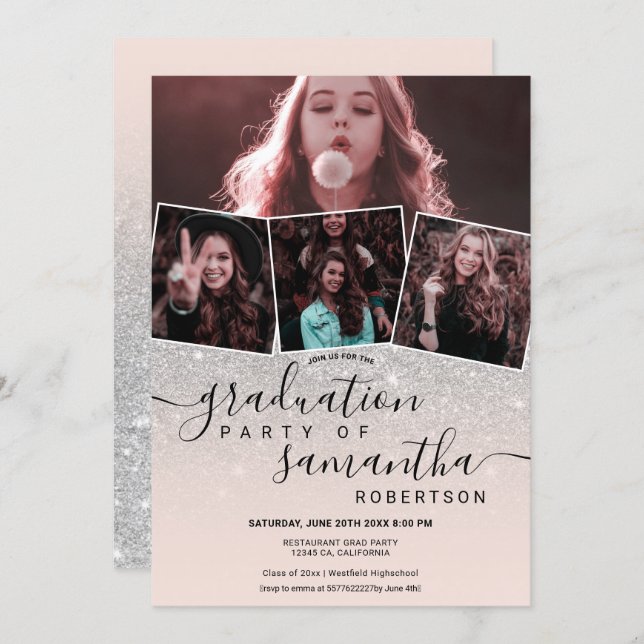 Modern silver glitter script 4 photo graduation invitation (Front/Back)