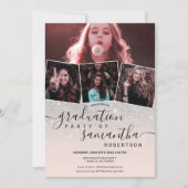 Modern silver glitter script 4 photo graduation invitation (Front)