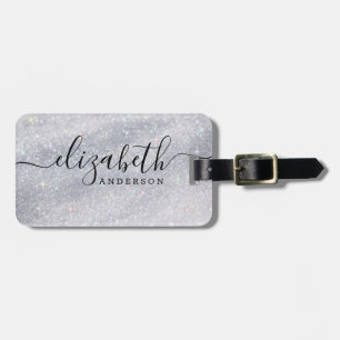 Modern Silver Glitter Script Name Luggage Tag