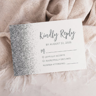 Modern Silver Glitter Script White RSVP Card