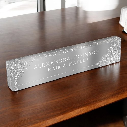 Modern Silver Glitter Sparkle Hair Makeup Desk Name Plate
