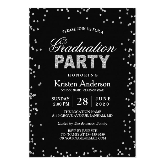 Modern Silver Glitter Sparkles Graduation Party Card (front side)