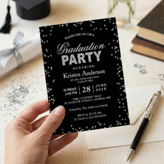 Modern Silver Glitter Sparkles Graduation Party Invitation