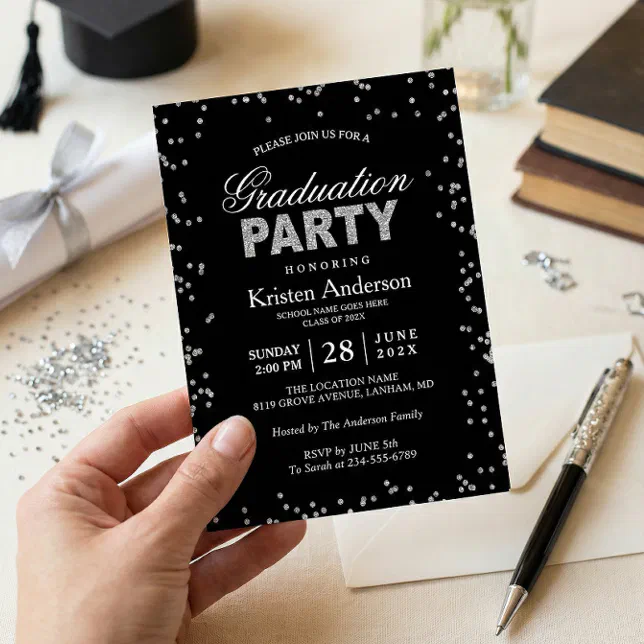 Modern Silver Glitter Sparkles Graduation Party Invitation | Zazzle