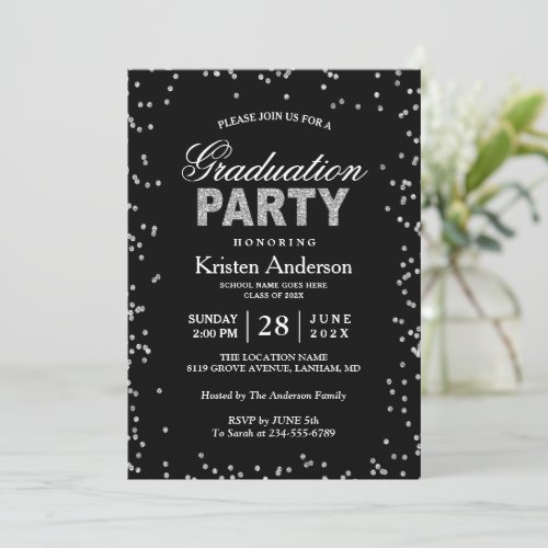 Modern Silver Glitter Sparkles Graduation Party Card