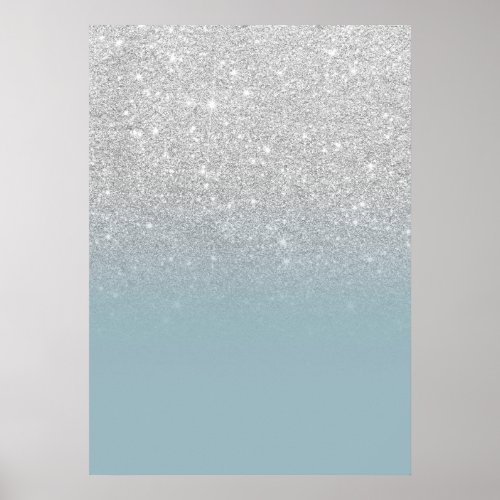 Modern silver glitter sparkles ombre dusty blue poster