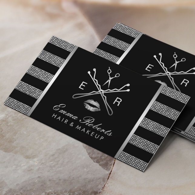 Modern Silver Glitter Stripes Beauty Salon Business Card