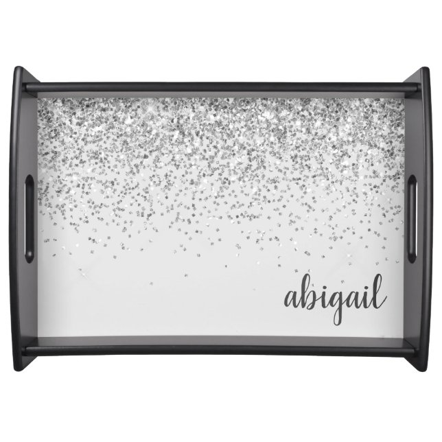 Modern Silver Glitter Stylish Monogram Name Serving Tray (Front)