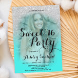 Modern silver glitter teal aqua photo Sweet 16 Invitation<br><div class="desc">A modern,  pretty faux silver glitter shower ombre with teal aqua color block Sweet 16 birthday party invitation with your custom photo with gold ombre pattern fading onto a teal background. Perfect for a princess Sweet sixteen,  perfect  for her,  the fashionista who loves modern pattern and glam</div>