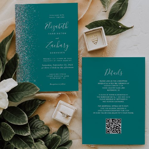 Modern Silver Glitter Teal Blue QR Code Wedding Invitation