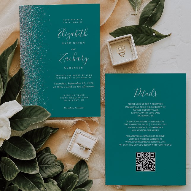 Modern Silver Glitter Teal Blue QR Code Wedding Invitation (Creator Uploaded)