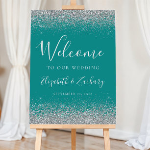 Modern Silver Glitter Teal Blue Wedding Welcome Foam Board