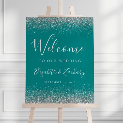 Modern Silver Glitter Teal Blue Wedding Welcome Foam Board