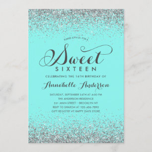 Modern Silver Glitter Teal Girly Sweet 16 Birthday Invitation