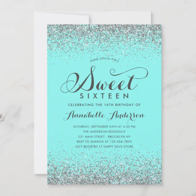 Modern Silver Glitter Teal Girly Sweet 16 Birthday Invitation | Zazzle