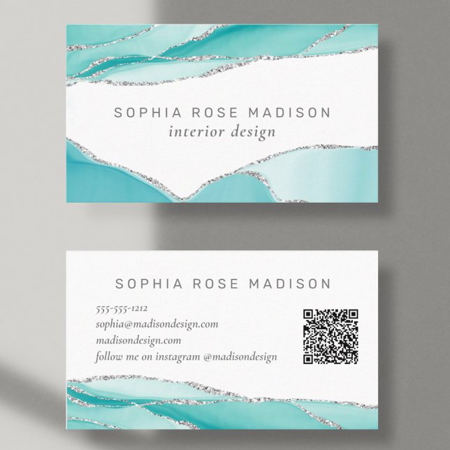 Modern Silver Glitter Teal Mint Agate QR Code Business Card (Creator Uploaded)