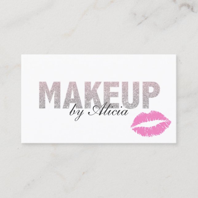 Modern Silver Glitter Text Pink Lips Makeup Artist Business Card (Front)