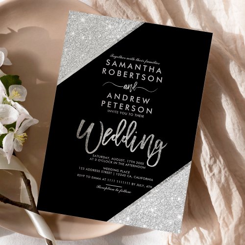 Modern silver glitter typography black wedding invitation