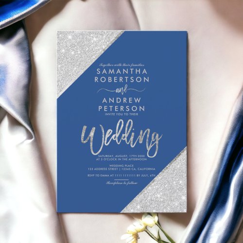 Modern silver glitter typography chic blue wedding invitation