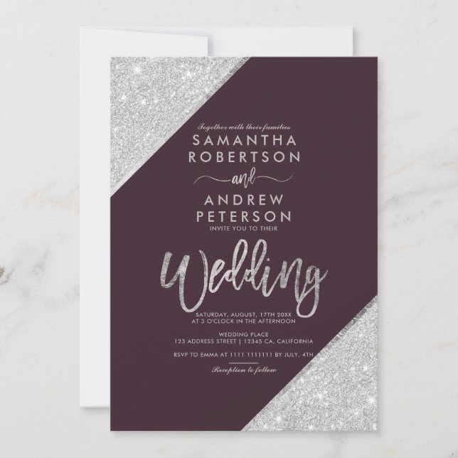 Modern silver glitter typography purple wedding invitation (Front)