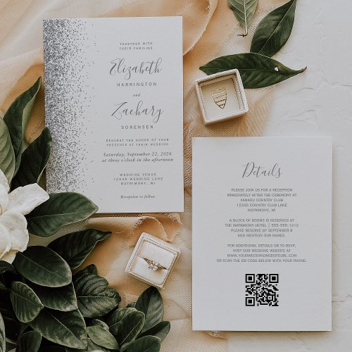 Modern Silver Glitter White QR Code Wedding Invitation