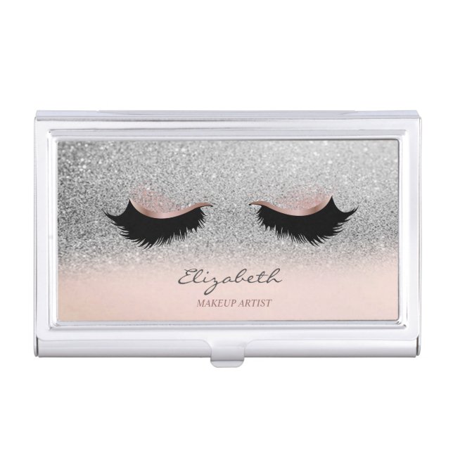 Modern Silver Glittery Bokeh Ombre,Faux Lashes Business Card Case (Front)