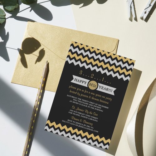 Modern Silver  Gold Chevron New Years Eve Party Invitation