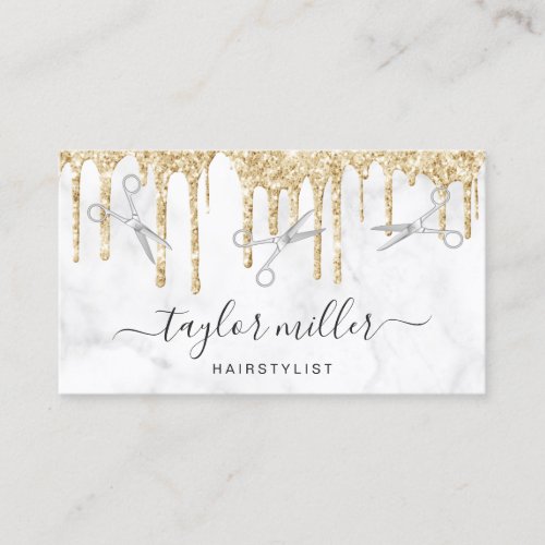 Modern silver gold glitter marble hairstylist business card