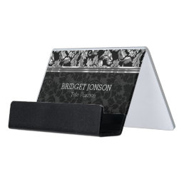 Modern Silver Gray And Black Floral Damask Desk Business Card Holder