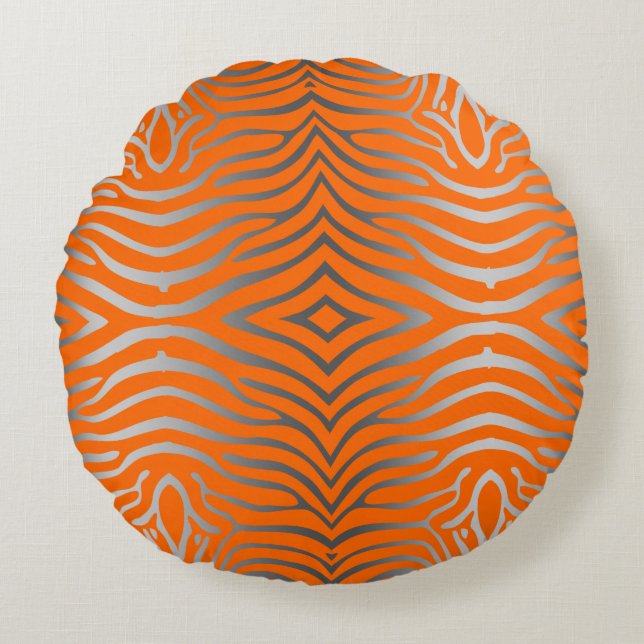 Modern Silver-Gray And Orange Zebra Stripes Round Pillow (Front)