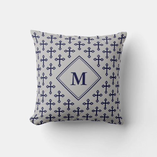 Modern Silver Gray Blue Monogram Throw Pillow