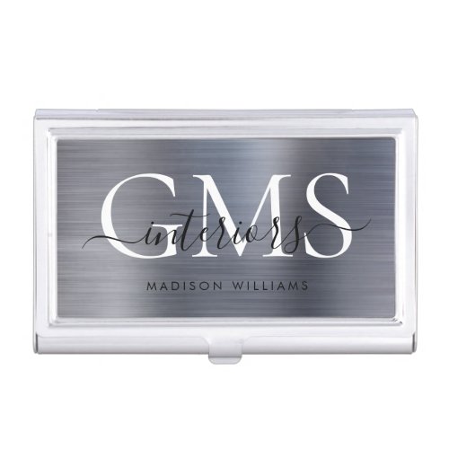 Modern Silver Gray Brushed Metal 3 Monogram Script Business Card Case