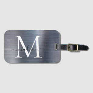 Modern Silver Gray Brushed Metal Monogram Script Luggage Tag