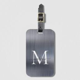 Modern Silver Gray Brushed Metal Script Monogram Luggage Tag