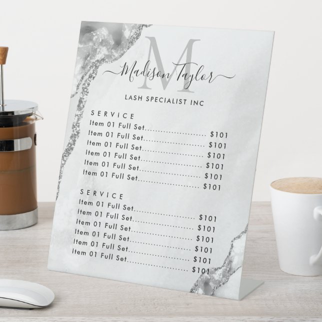 Modern Silver Gray Glitter Agate Marble Monogram Pedestal Sign (In SItu)