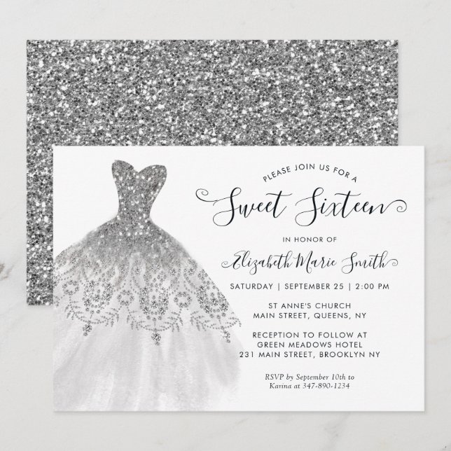 Modern Silver Gray Glitter Dress Sweet 16 Birthday Invitation (Front/Back)