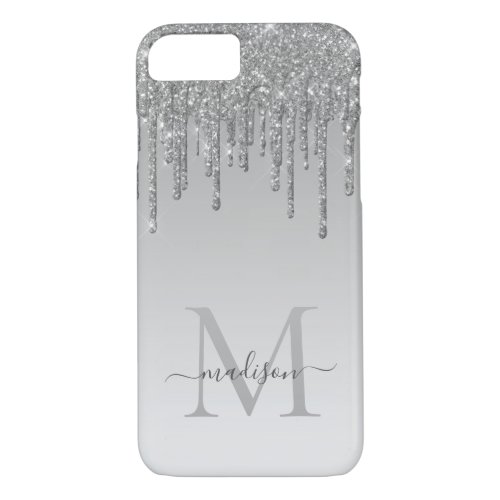 Modern Silver Gray Glitter Drips Sparkle Monogram iPhone 87 Case