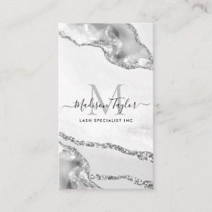 Modern Silver Gray Glitter Marble Agate Monogram Business Card