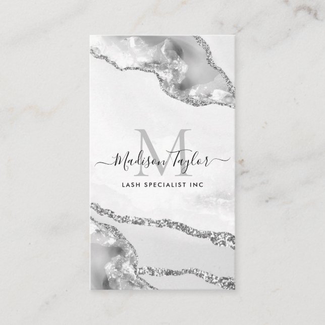 Modern Silver Gray Glitter Marble Agate Monogram Business Card (Front)