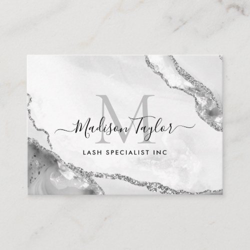 Modern Silver Gray Glitter Marble Agate Monogram Business Card