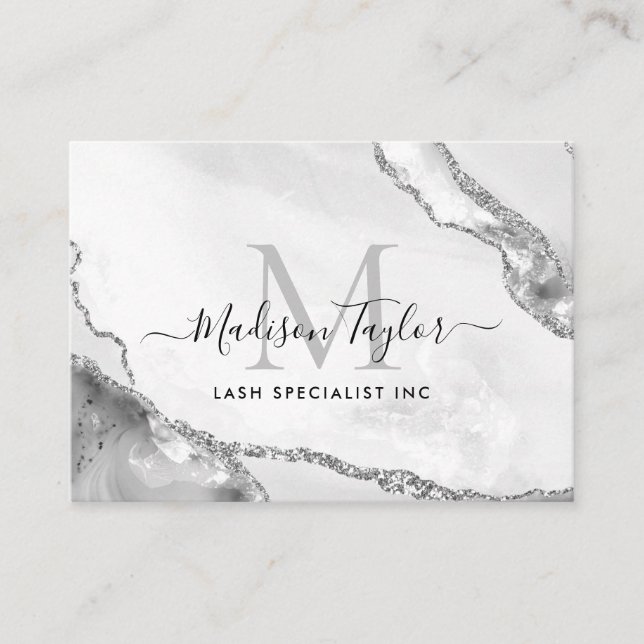 Modern Silver Gray Glitter Marble Agate Monogram Business Card (Front)
