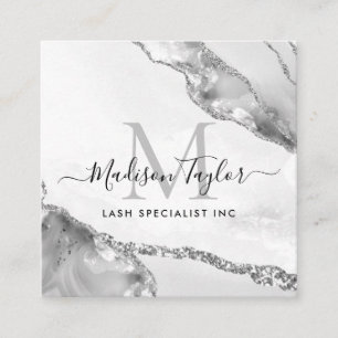 Modern Silver Gray Glitter Marble Agate Monogram Square Business Card