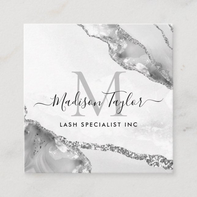 Modern Silver Gray Glitter Marble Agate Monogram Square Business Card (Front)