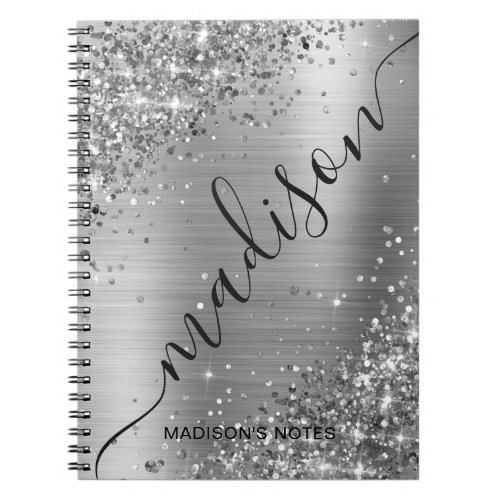 Modern Silver Gray Glitter Metallic Name Signature Notebook