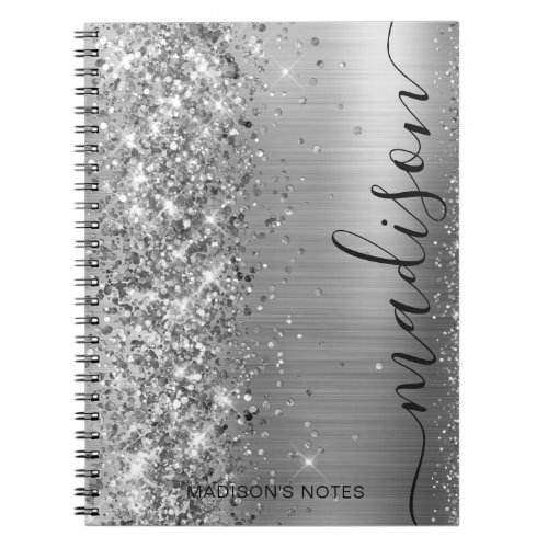 Modern Silver Gray Glitter Metallic Name Signature Notebook