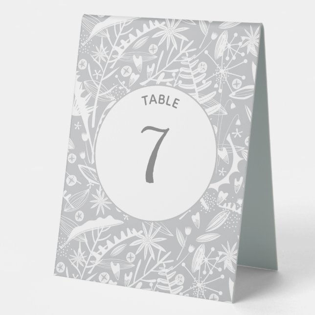 Modern Silver Gray Graphic Floral Botanical Table Tent (Front)